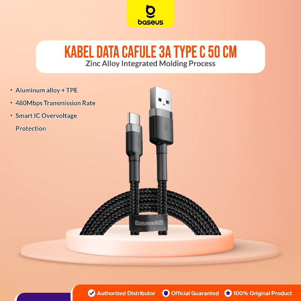 BASEUS Kabel Data Cafule USB to Type C 50CM Fast Charging Quick Charge 3A Cable Charger Cas Original