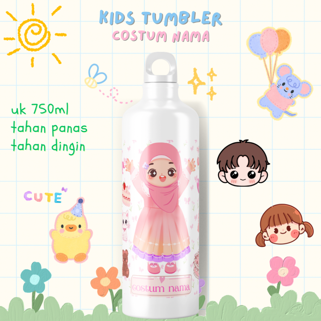 TUMBLER KIDS CUSTOM NAMA KARAKTER 500ml & 750ml