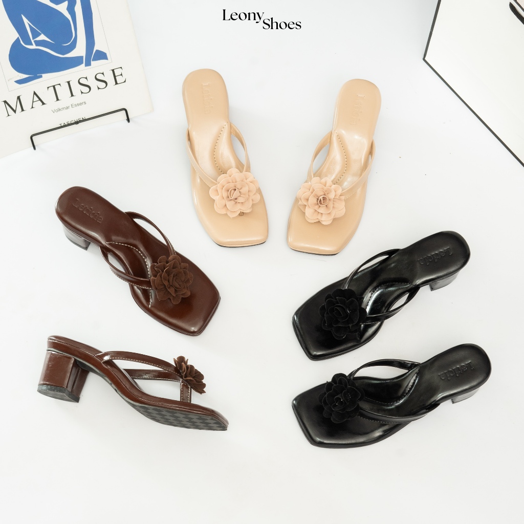 LEONY Cyntia Heels Jepit Bunga Wanita | sendal tinggi hak tahu 5 Cm