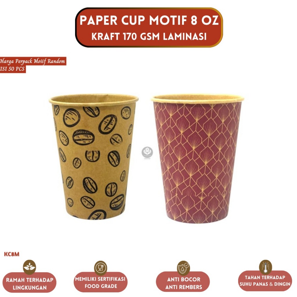 (50 Pcs) Paper Cup Tebal 8oz / Paper cup 8oz Kraft Motif / Gelas Kopi 8oz / Hot Paper Cup / KC8M