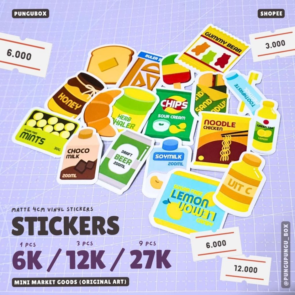 

Sticker Vinyl Mini Market Good Pungubox Stiker Choco Milk Soymilk Vitamin C Honey Beer Pastry Ice Cream Gummy Bear Tea Lemon Candy Mint Sandwich Chip Noodle Tooth Inhaler Ruler Set Bread