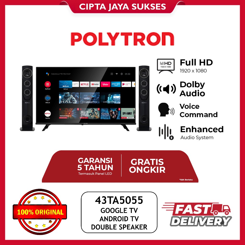 TV POLYTRON 43 INCH ANDROID TV TOWER SPEAKER 43TA5055 GARANSI RESMI 43INCH