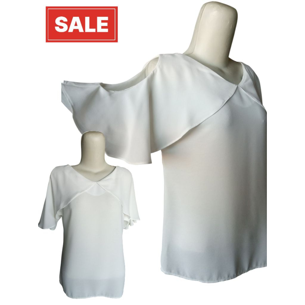 blouse putih(lengan rempel sabrina)newsale