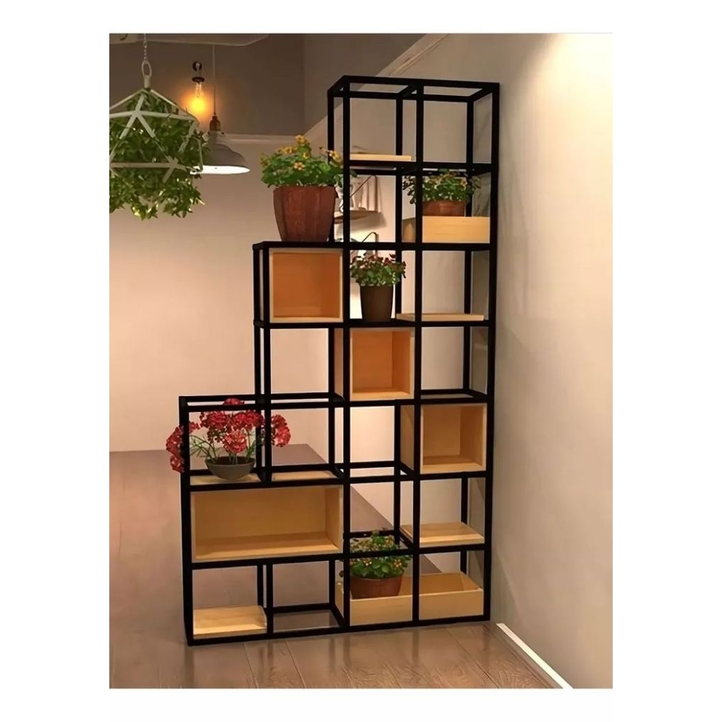 Rak Besi & Kayu Industrial – Rak Partisi Minimalis Serbaguna (Model Tangga)