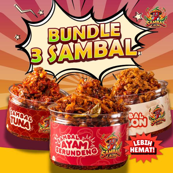 

BUNDLE 3 SAMBAL JALAPENODES [150G + 150G + 150G] Sambal Kikil/ S.Bawang/ Sambal Tuna/ Sambal Ayam Serundeng/ Sambal Terasi/ Sambal Teri/ Sambal Teri Cabe Ijo/ Sambal Cabe Ijo/ Sambal Ayam Suwir/ Sambal Rebon/ Sambal Baby Cumi - Siap Saji - Halal SPP-IRT