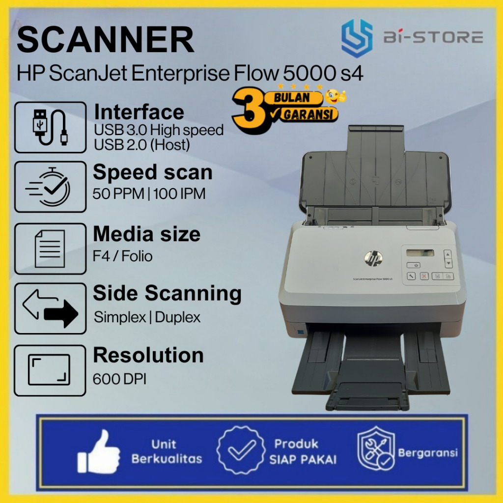 Scanner Folio F4 HP Scanjet Enterprise Flow 5000 S4 High Speed Scanner 50 PPM Unit Normal Siap Pakai