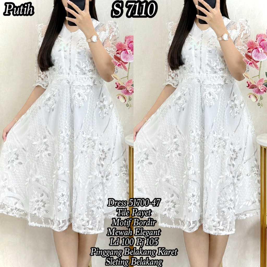 S 7110 #Midi Dress Putih Tile Bordir Full Payet V-Neck Baju Dress Sidi 51700 47