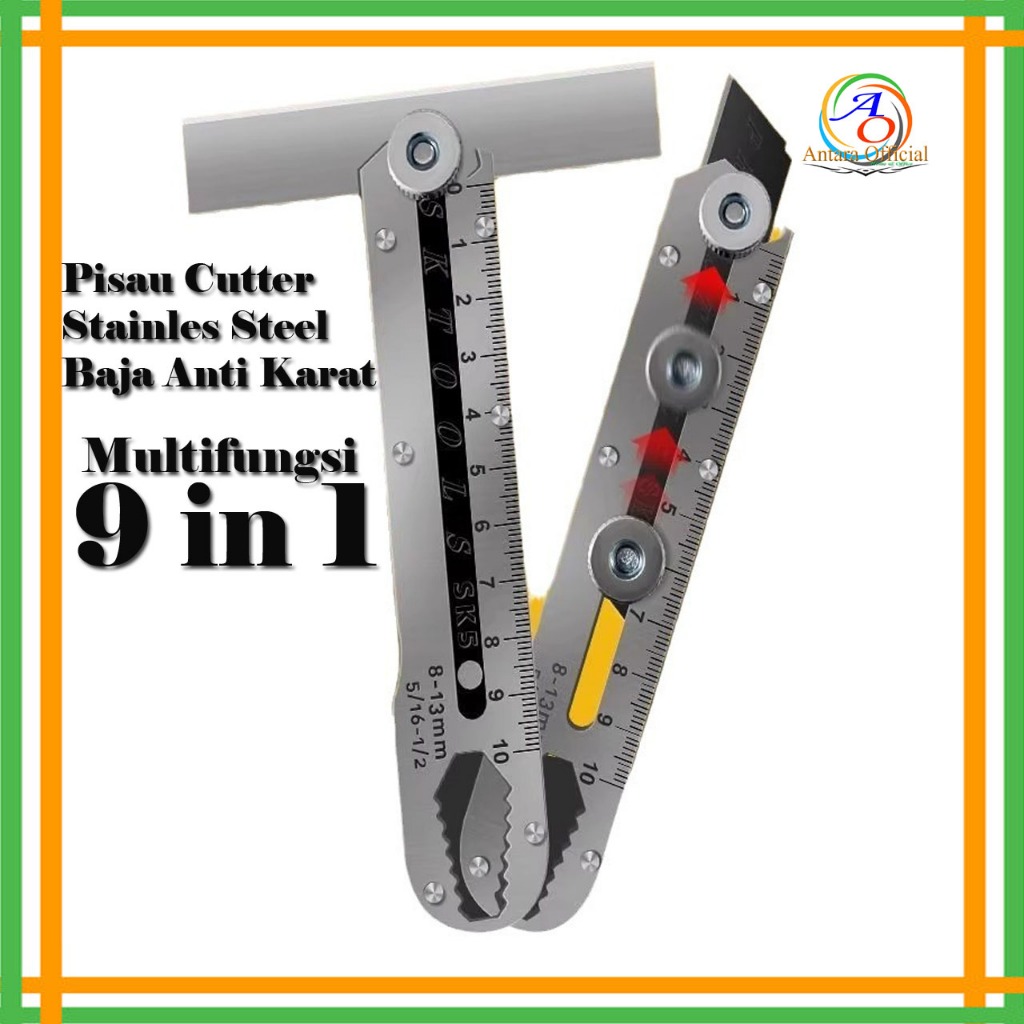 

Pisau Cutter Stainless Steel Pemotong kertas 9 in 1 Serbaguna Baja Tahan Karat Multifungsi