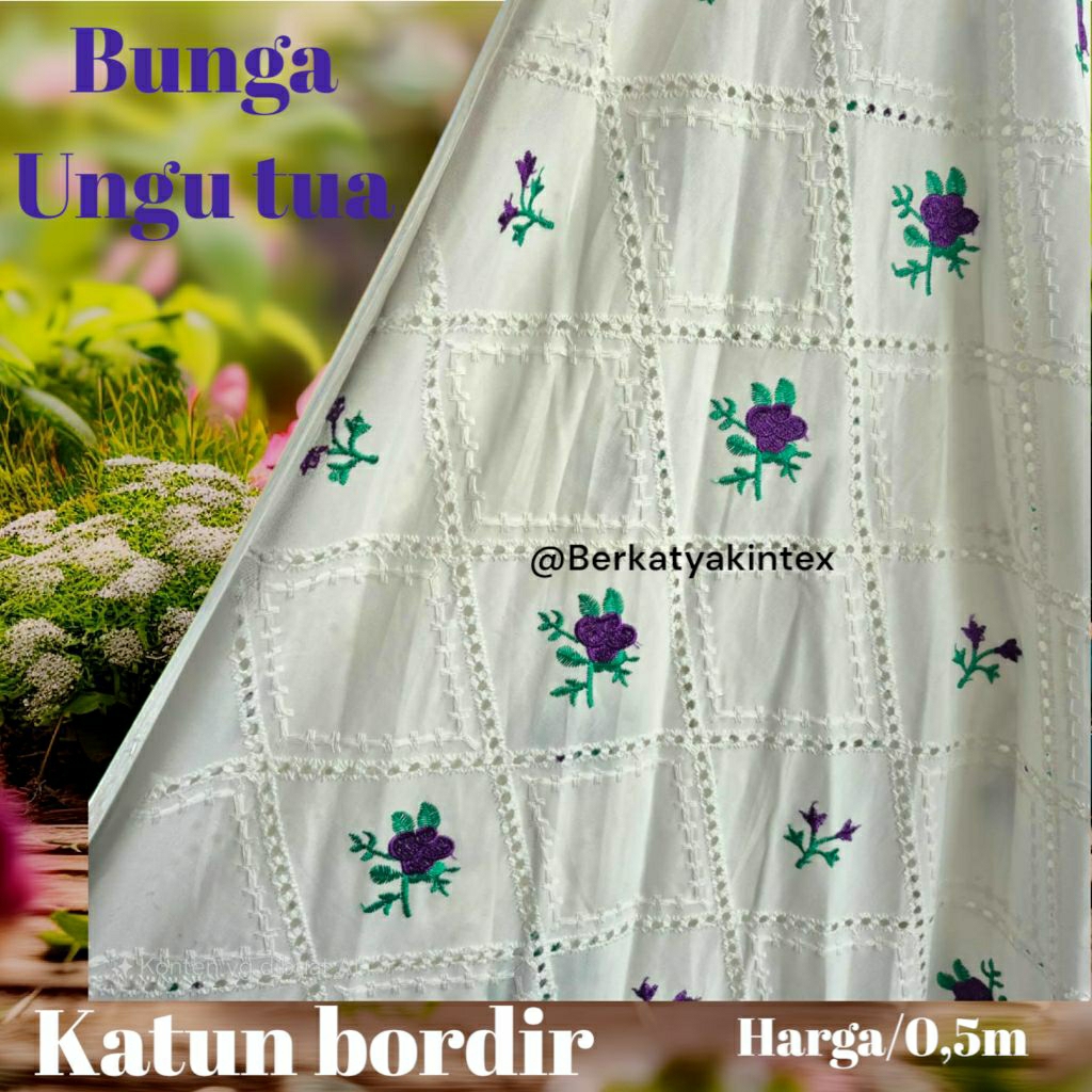 kain katbol motif bunga - kain katun bordir bolong bunga ungu tua - kain bordir motif bunga harga/0,