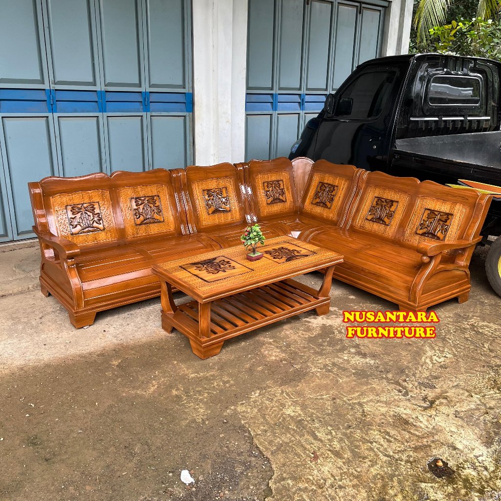 PRODUKSI MEBEL JEPARA KURSI TAMU SUDUT MODEL GAJAH MOTIF UKIR BAMBU KAYU JATI