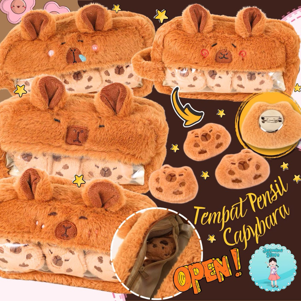 

Kotak pensil capybara ukuran besar free 3 pin boneka capybara bahan bulu halus/Tempat pensil Jumbo capybara/Pouch alat tulis kapibara besar