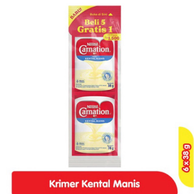 

Carnation Krimer kental manis sachet 38gr buy 5 get 1 free ( isi 6pcs) SKM Nestle Rp.7000/renceng