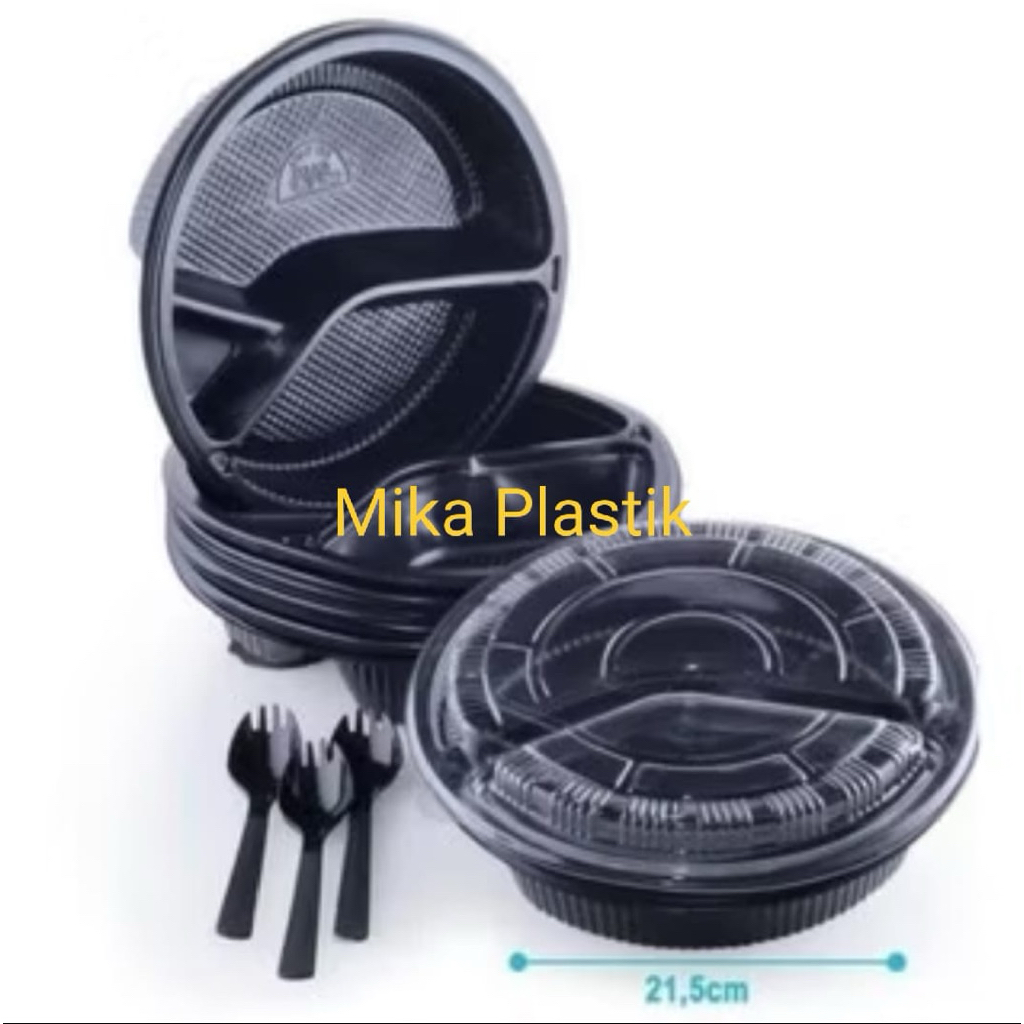 TERMURAH  50pcs Mika Tray Bento Bulat + Sendok 2in1 sekat 3
