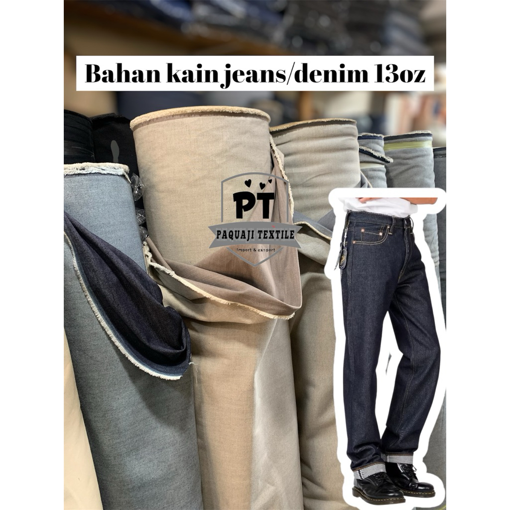 bahan kain denim jeans 13oz meteran/bahan full denim/bahan jeans denim non steach meteran(harga tert