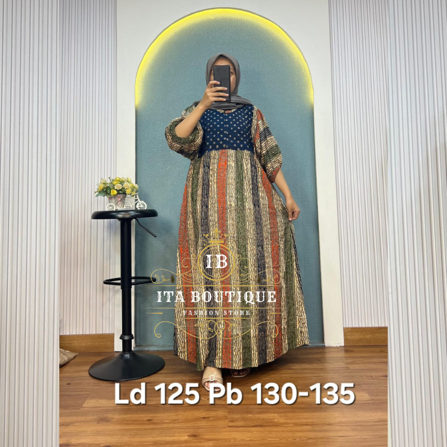 Gamis Jumbo Batik Rayon Twill Kombinasi Polkadot Ld 125 Pb 130-135 Dress Muslim Longgar Hijab Wanita