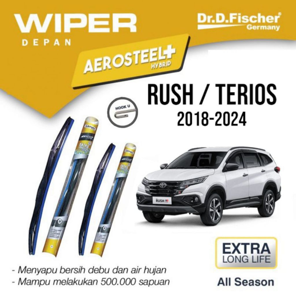 Wiper Hybrid Kaca Depan Mobil Rush Terios 2018 2019 2020 2021 2022 2023 2024 Dr.D.Fiacher 22" 16"