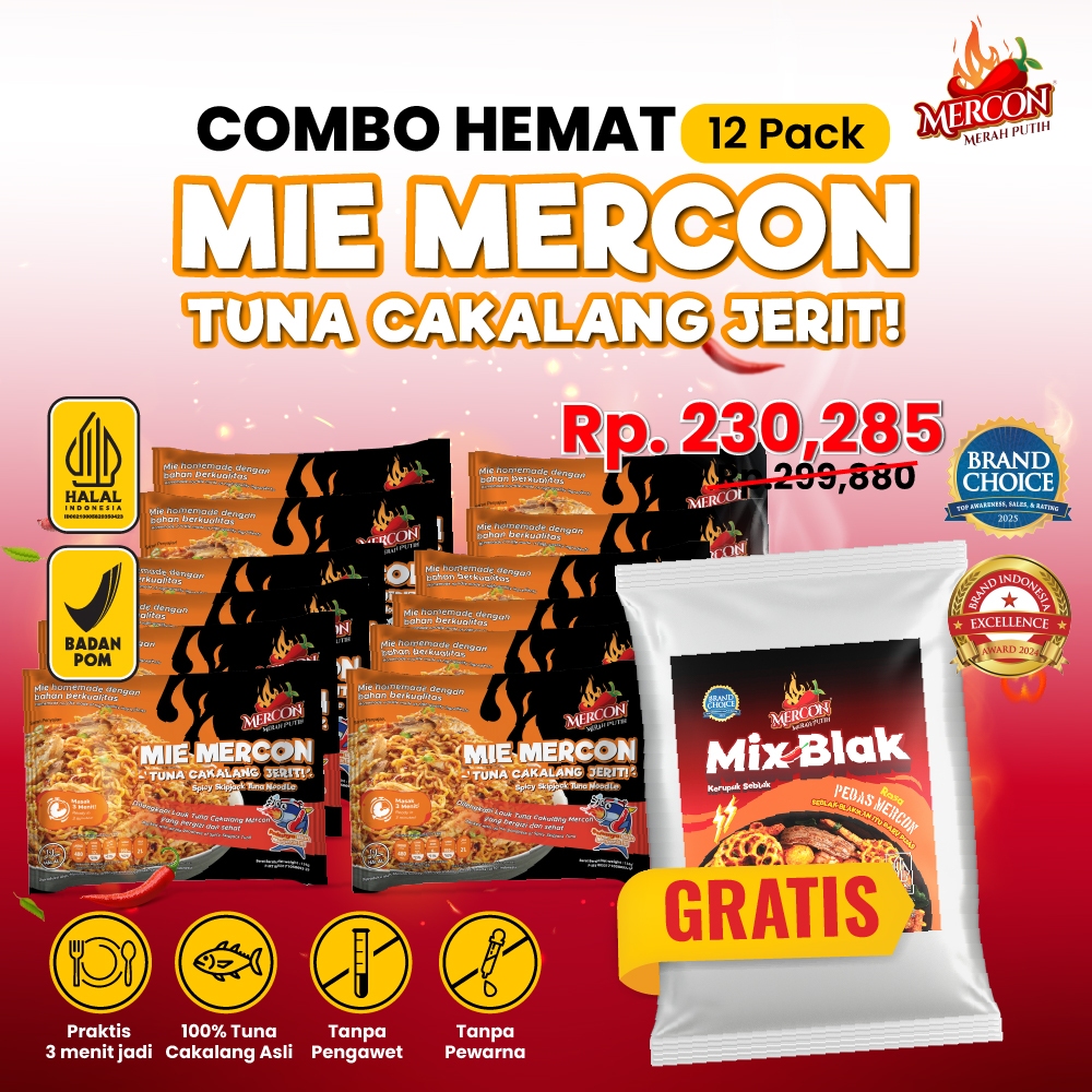 

[Gratis Snack MIXBLAK] Mercon Merah Putih - Mie Mercon Cakalang COMBO HEMAT 12x - 12 PACK MMC - Gratis Mixblak 120gr