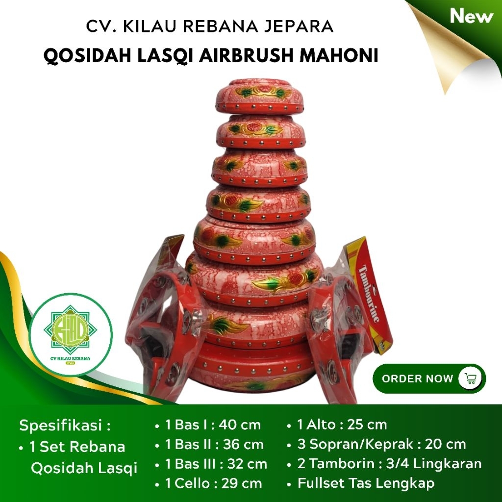 1 Set Rebana Qosidah Lasqi Ukir Airbrush Kayu Mahoni CV. Kilau Rebana Jepara Berkualitas dan Bergara