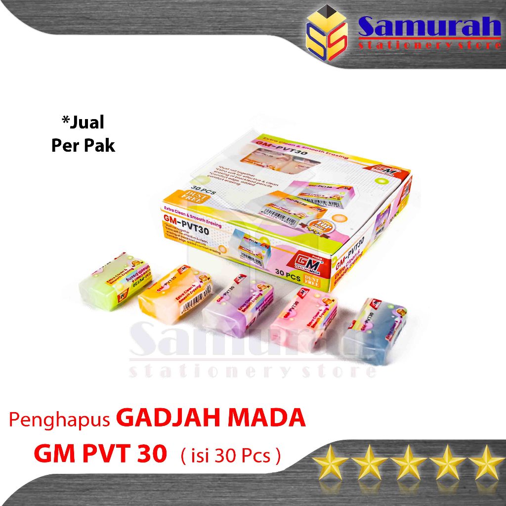 

Penghapus Pensil Gadjah Mada GM PV 30 / Stip Warna Sedang isi 30 Pcs / Eraser GM-PV30 W Colours / Hapusan Stip Pencil PV 30 Tanggung - 5 Warna Hijau Orange Pink Biru Ungu