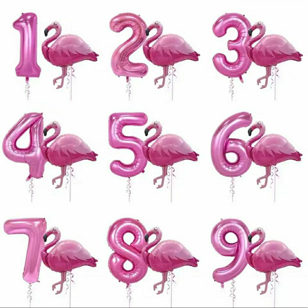 Set paket balon foil angka warna pink fuschia burung flamingo bird animal binatang hewan zoo safari 