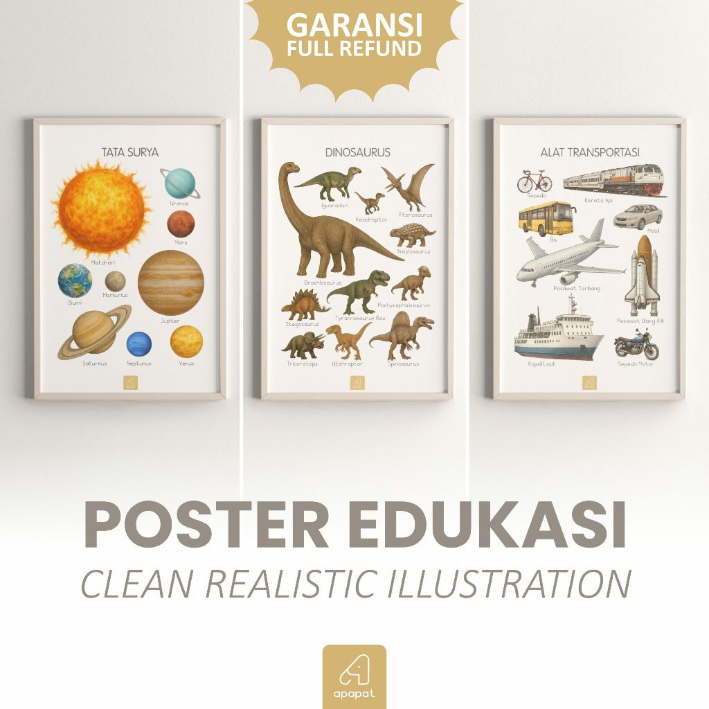 Poster Edukasi Anak TK PAUD – Tema Dinosaurus, Alat Musik, Sayur, Transportasi, Tata Surya