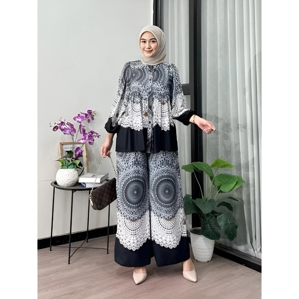 Thalia One Set Setelan Rayon Wanita Viscose Premium Motif kekinian Batik Matahari One Set Jumbo