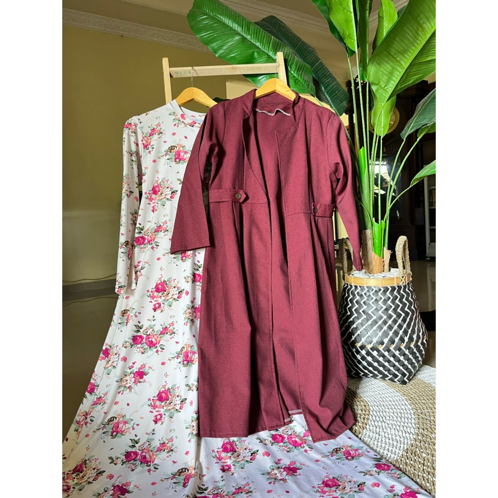 (preloved) bundling gamis dress abaya bunga pink putih + cardigan kemeja no brand