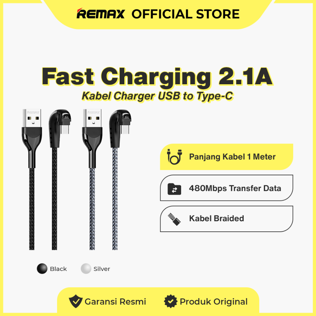 Remax Cable Data Gaming Metal Zinc Alloy Material For Type-C 2,1Ampere 1M (180° elbow) RC-177a