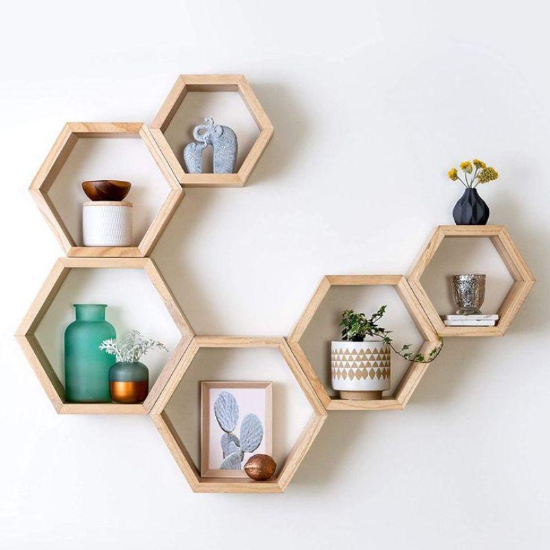 Rak Dinding Hexagonal Hiasan Dinding Aesthetic Rak Hexagonal Kayu Pajangan Hiasan Dinding Gantung / 