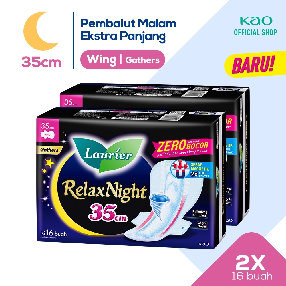 Laurier Relax Night Pembalut Wanita Malam Panjang 35cm Wing Gathers Perlindungan Tidur Bebas Bocor S
