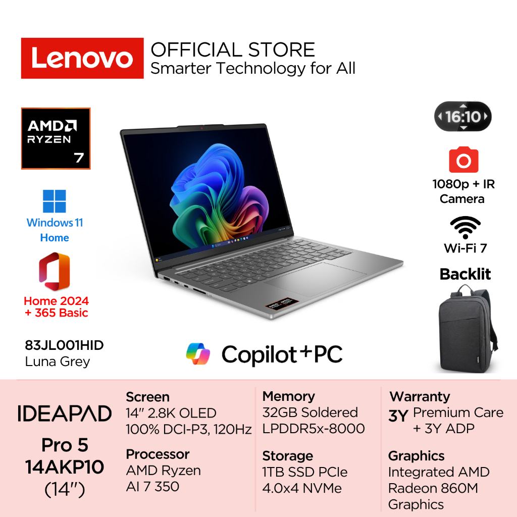Lenovo IdeaPad Pro 5 14AKP10 1HID AMD Ryzen AI 7 350 Win11 32GB 1TB SSD 14" 2.8K OLED 120Hz 100% DCI
