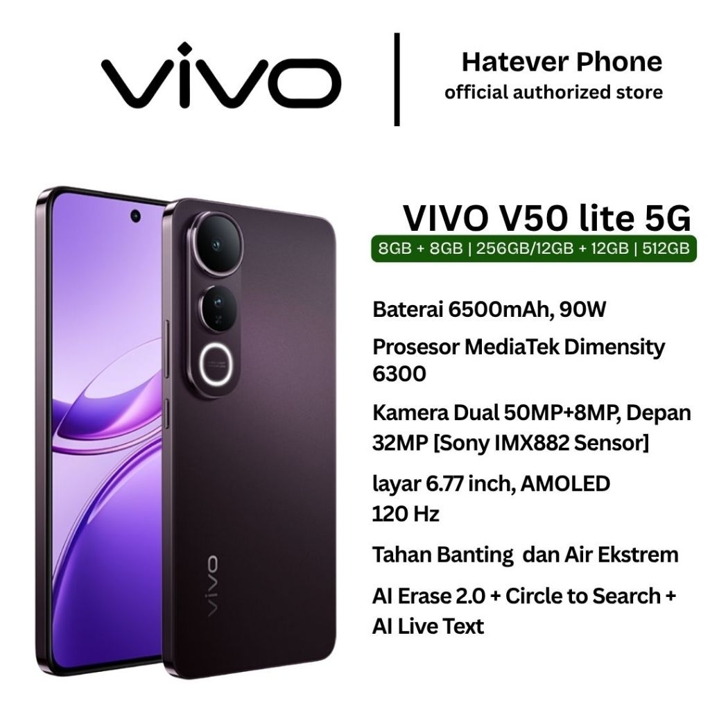 NEW VIVO V50 Lite 5G - RAM 8GB/12GB, ROM 128GB/256GB, Kamera 50MP, Baterai 4500mAh, Jaringan 5G, Gar
