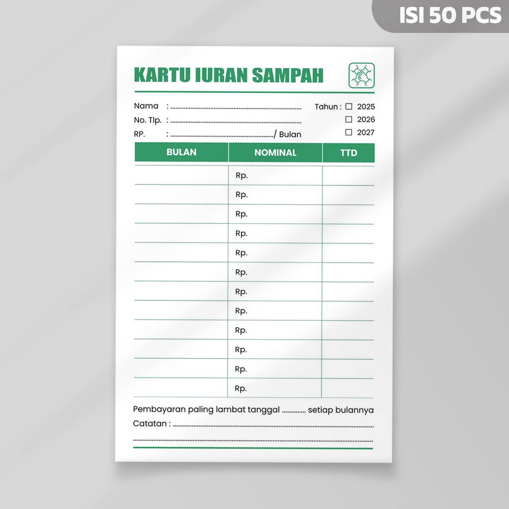 

(ISI 50 PCS) Kartu Iuran Pembayaran Sampah Bulanan / Iuran Warga