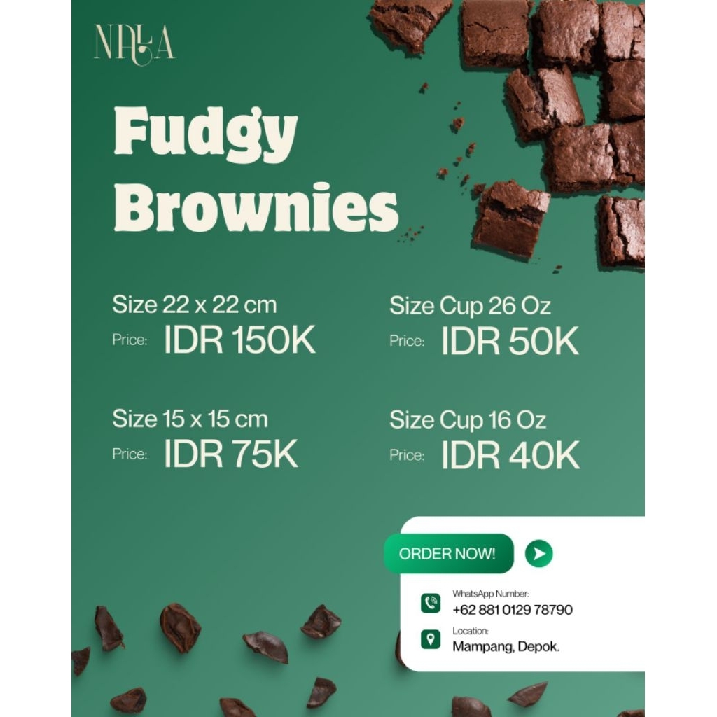 

Fudgy Brownies Premium Nala | Brownies Coklat Lembut | Ukuran Cup & Box