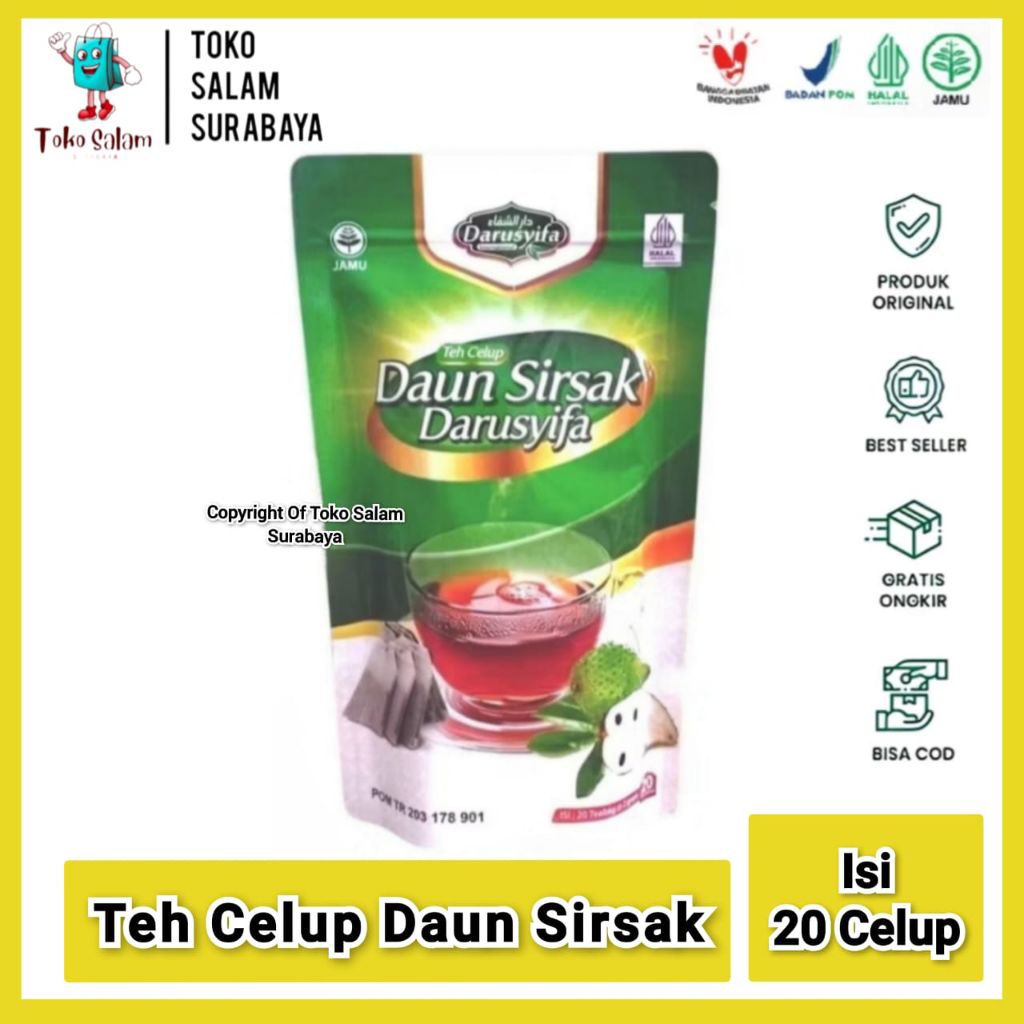 

Teh Celup Daun Sirsak Darussyifa ( Hipertensi, Kanker, Asam ) | Teh Herbal Daun Sirsak Darusyifa
