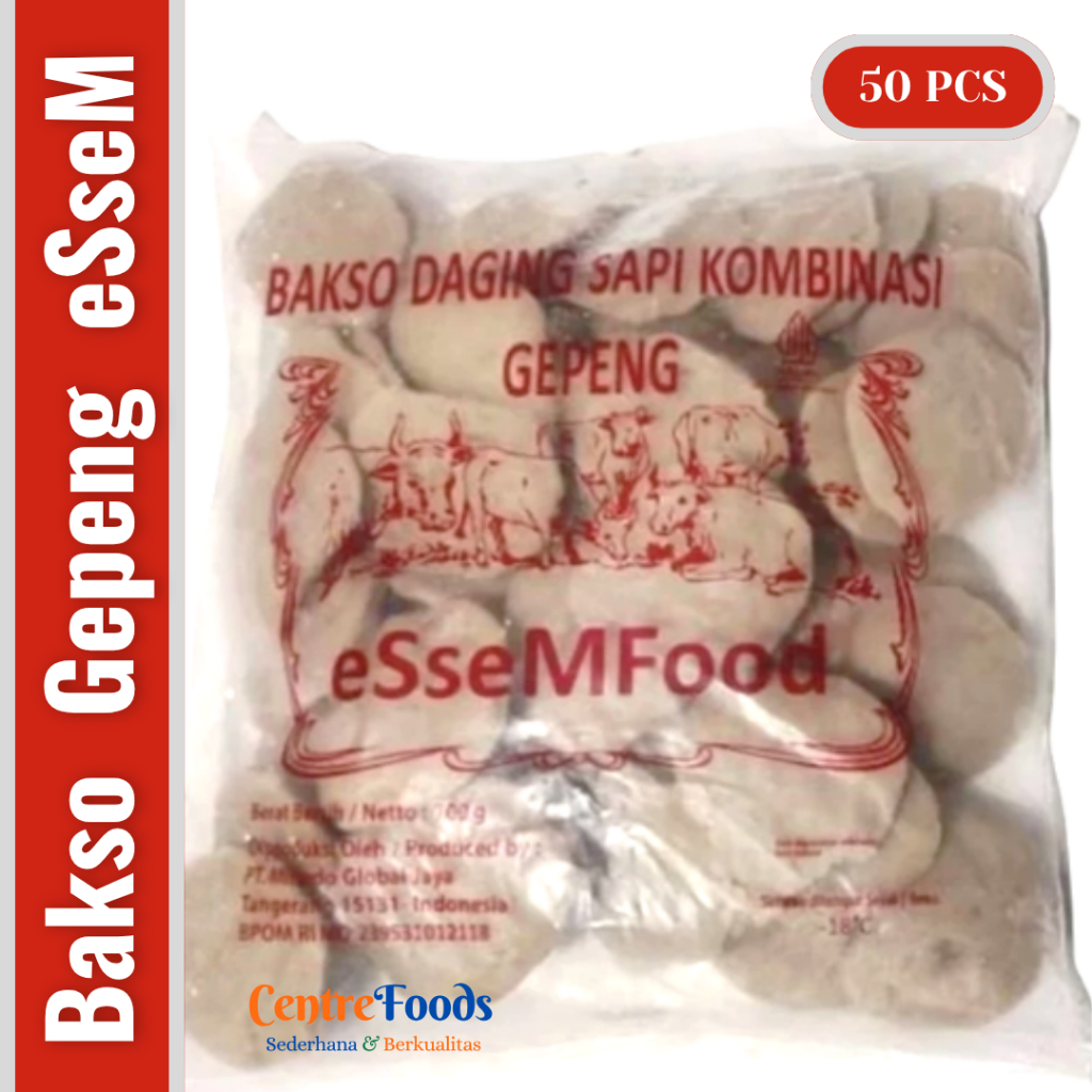 

Bakso Daging Sapi Kombinasi - Baso Gepeng ESSEM | isi 50 Pcs - 700gr [ Harga Per BKS ]