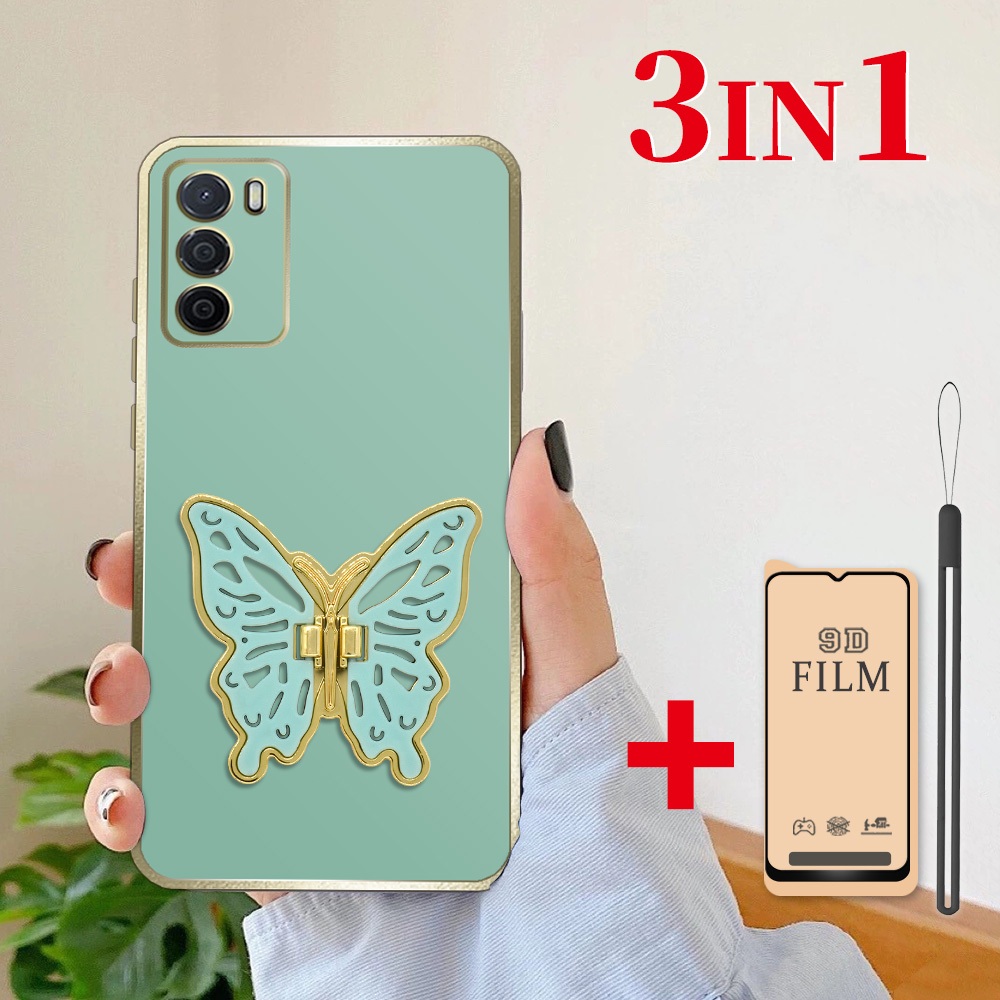 3 dalam 1 Stand Kupu Lipat Casing untuk OPPO A16 A16s Case softcase dengan Pelindung Layar Keramik A