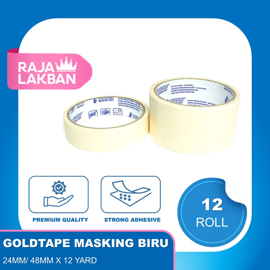 

Lakban Kertas Masking Goldtape Tape Core Biru 1 inch 24mm, 2 inch 48mm 12 Yard - LUSIN