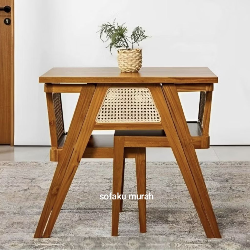 Flash Sale Set Meja Makan Jati murah, meja makan rattan, meja makan jati rotan, set kursi cafe, set 