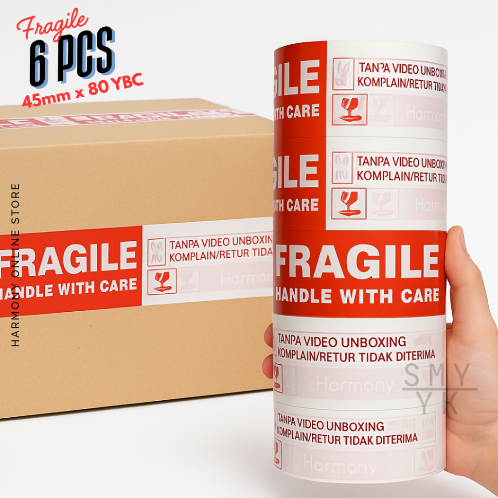 

6 ROLL Lakban Fragile 100 YBC - 80 Yard BC Fragile Unboxing - Lakban Unboxing Handle With Care - Lakban Paket Anti Pecah - Isolasi Fragile Merah Putih Unboxing - Lakban Unbpxing 1 SLOP 6 PCS