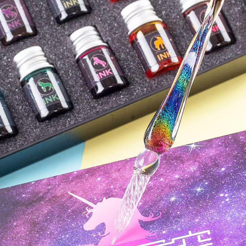 

Crystal glass pen, colored ink dipping pen, fountain pen, colored ink, flowing sand pen, high aesthetic value student gift set