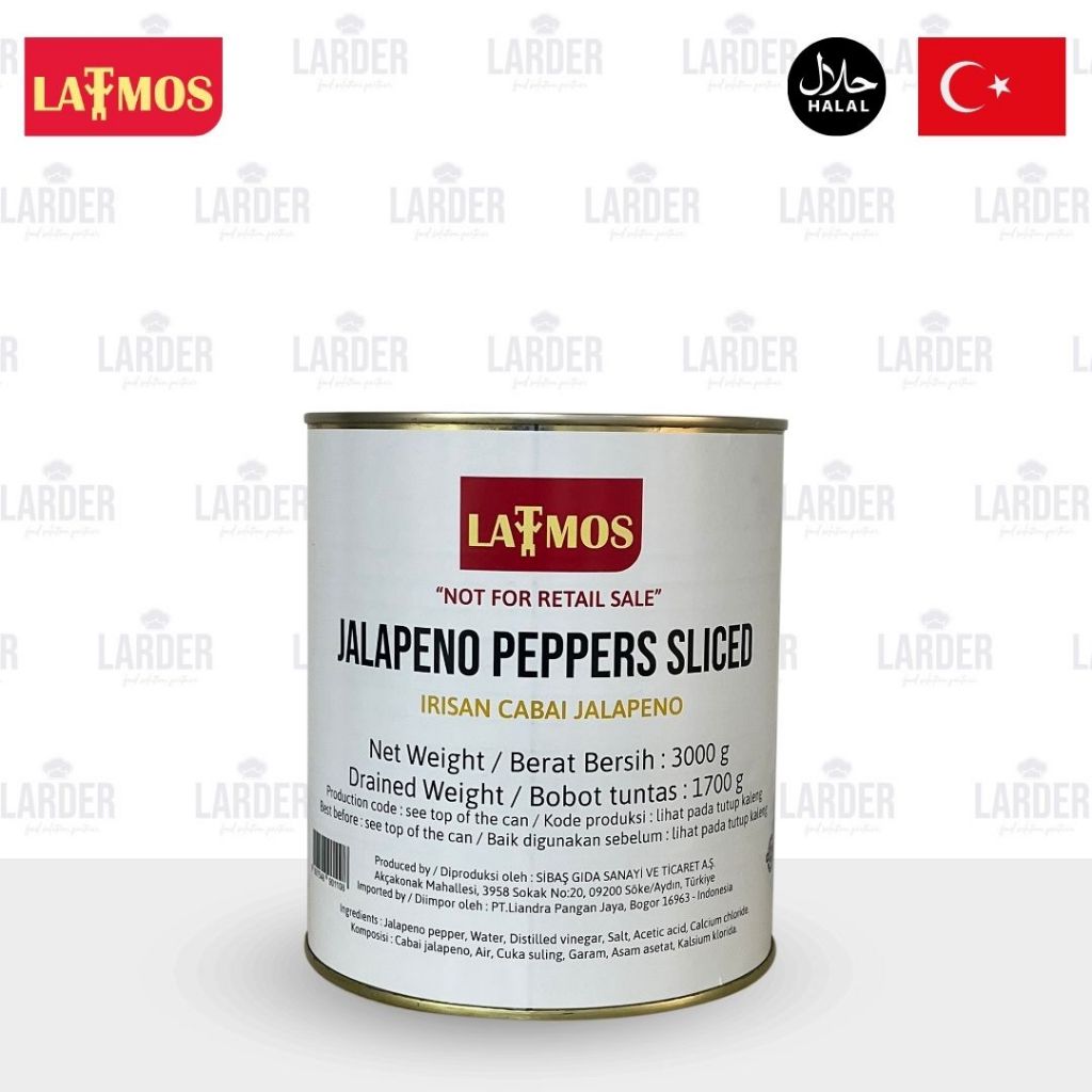 

Latmos Jalapeno Peppers Sliced 3KG | Irisan Cabai Jalapeno