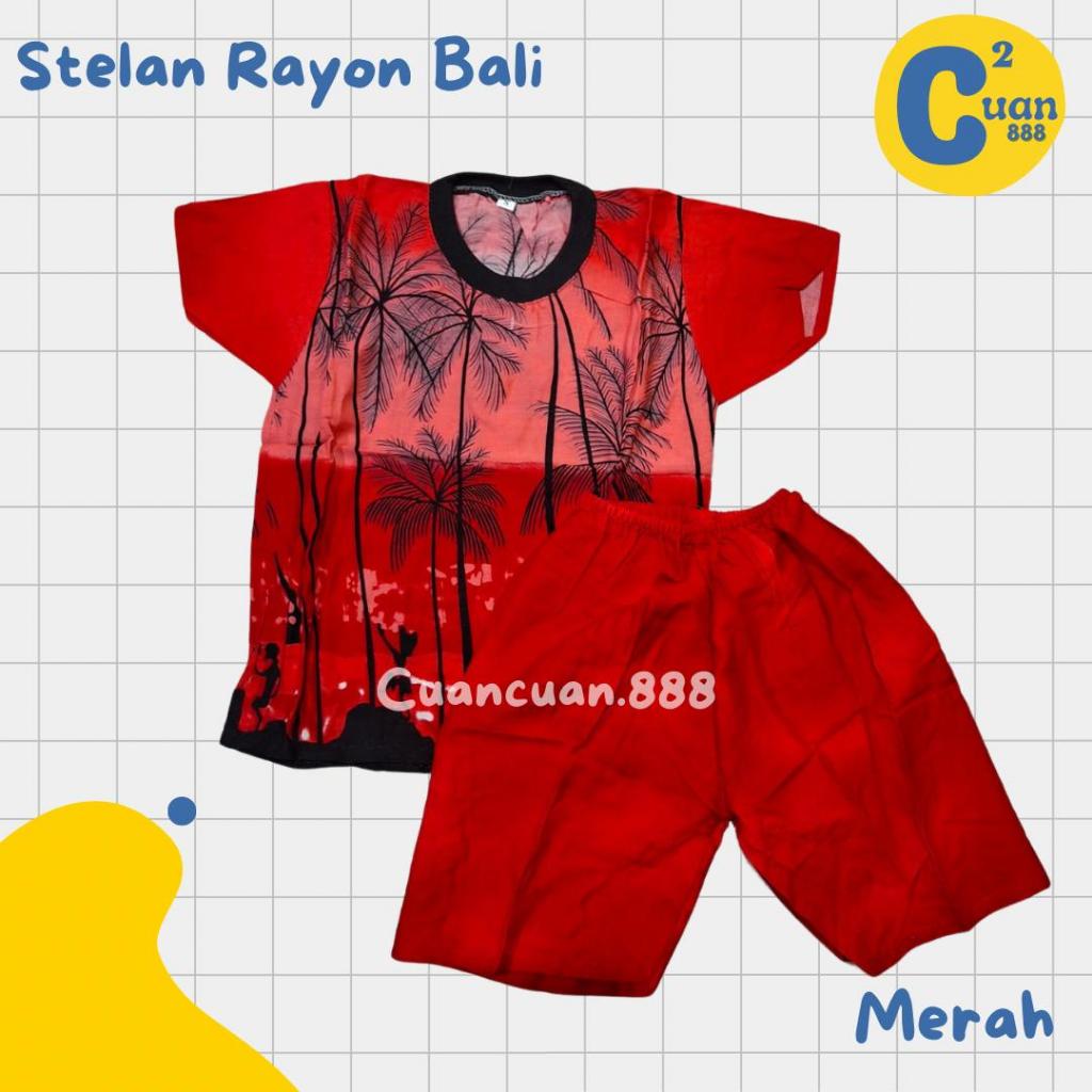 Stelan Bali Anak Rayon Motif Dayak Pohon Kelapa Premium Adem Tebal Dingin Leher Bulat Setelan Harian
