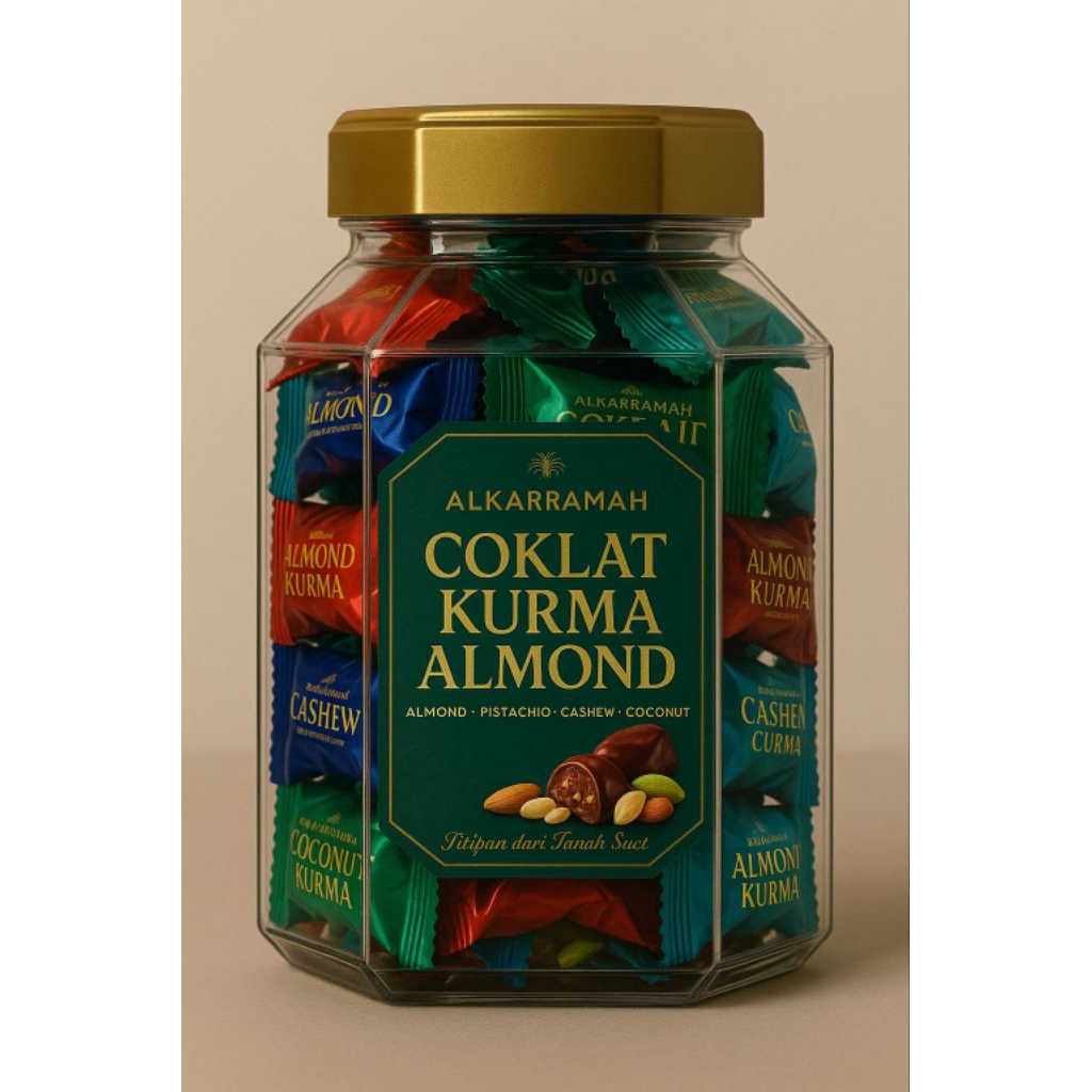 

Coklat Kurma Almond Mix 1 Kg | Coklat Kurma Almond Alkarramah | Chocolate Dates Alkarramah | Coklat Halal Cokelat Snacks