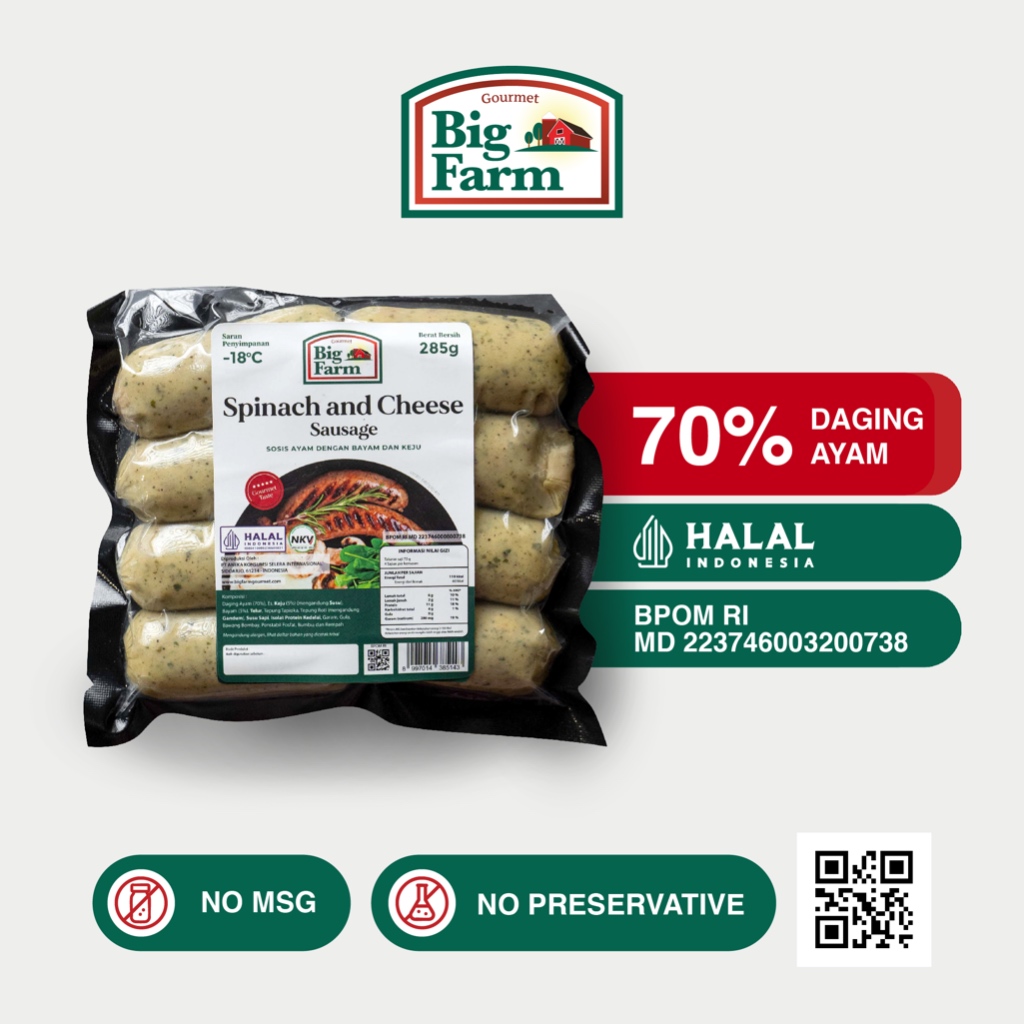 

Big Farm Spinach & Cheese Sausage Chicken 285gr (8 pcs) - Sosis Ayam dengan Bayam dan Keju