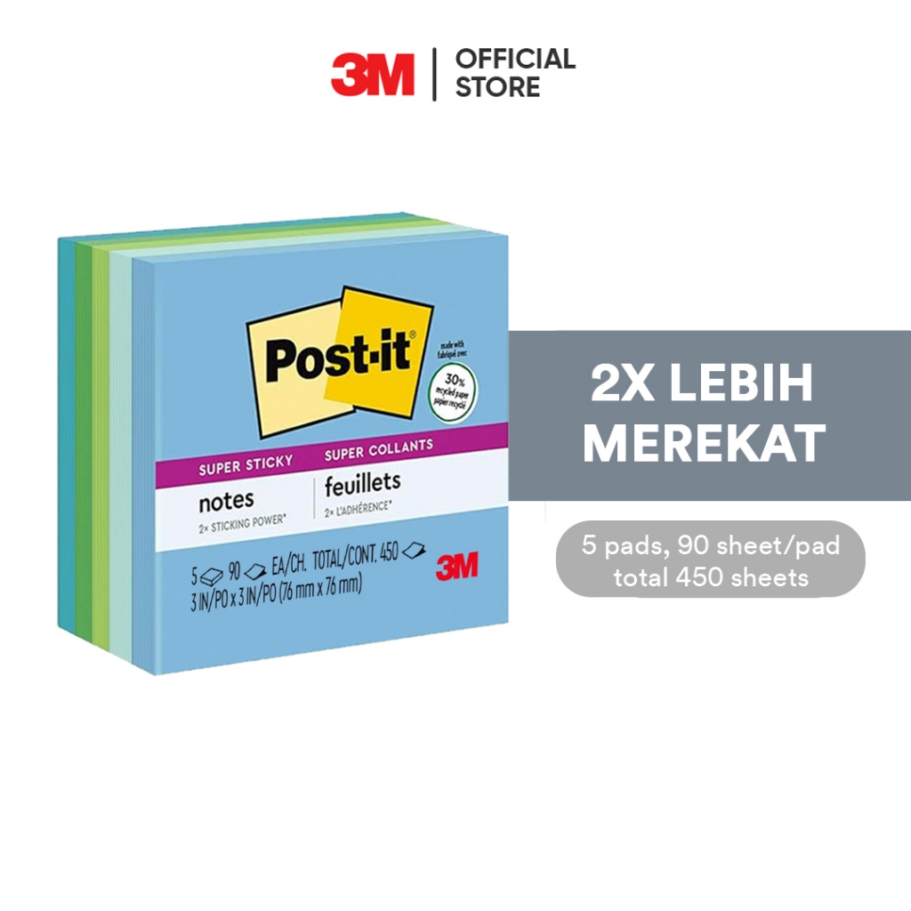 

Post-it® Super Sticky Notes Recycled Paper 3x3", Oasis Color, 5/pk