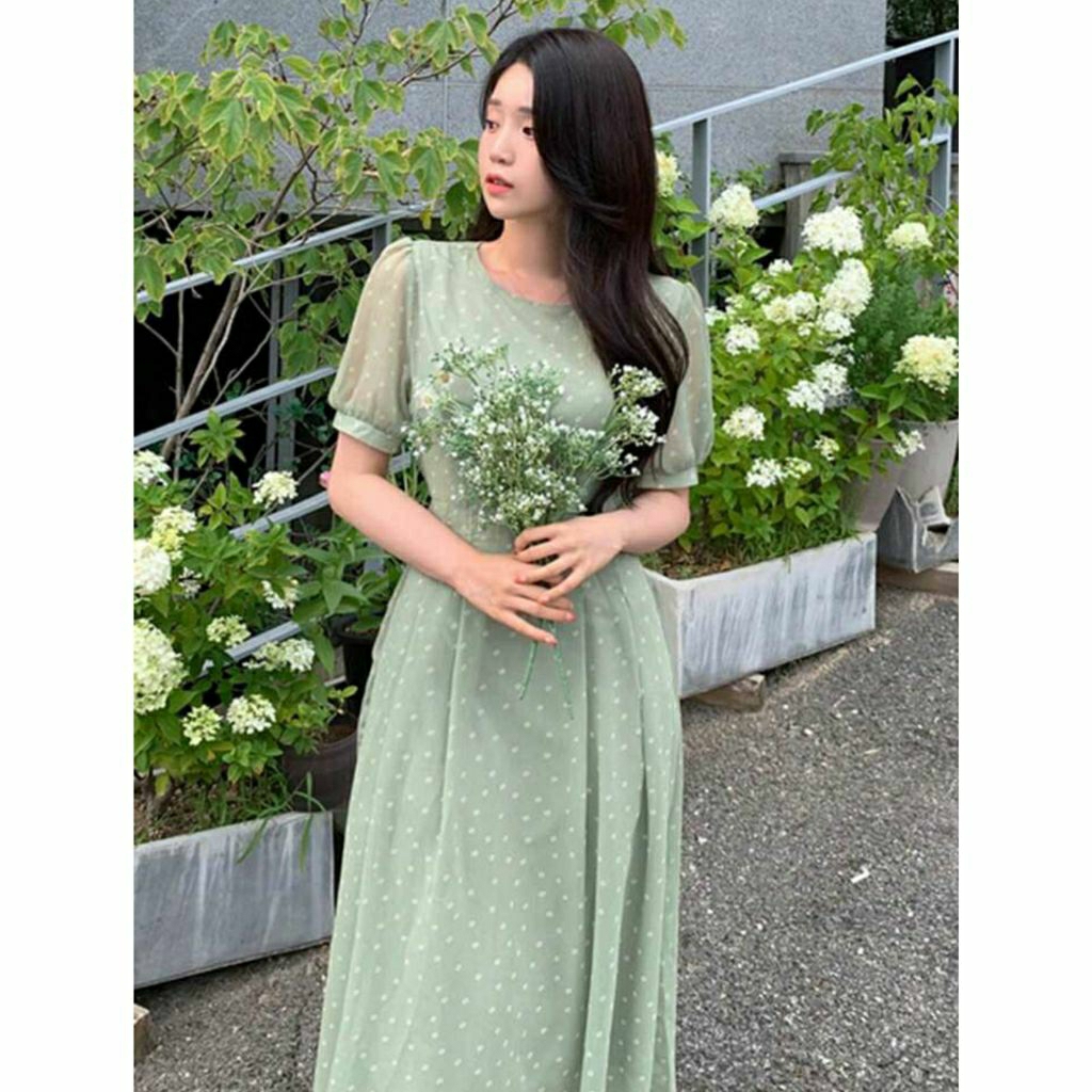 DRESS A LINE HIJAU SAGE RUBY PUFF SLEEVE KOREA