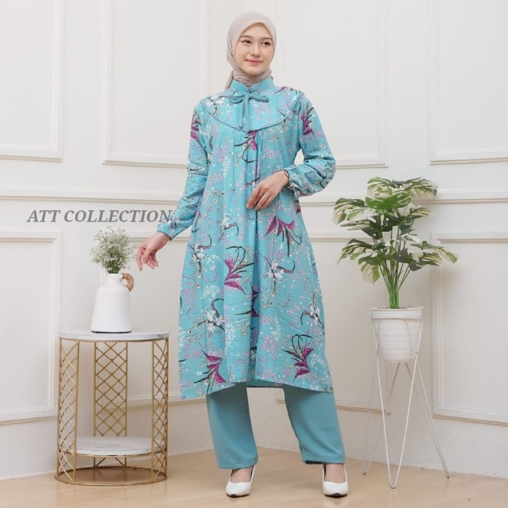 one set tunik,long set tunik daster,daster viral terlaris padi tali leher dan kerut