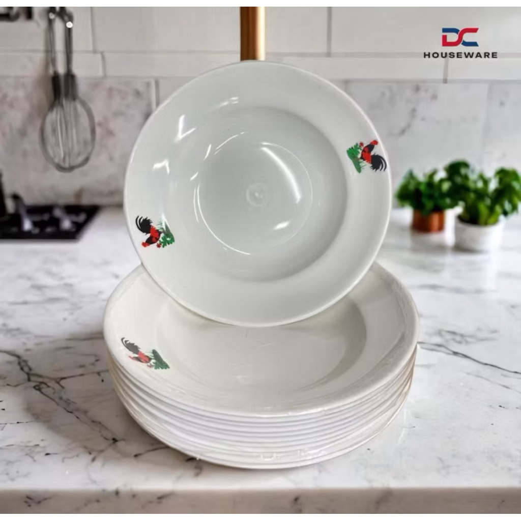 ( ISI 12 PCS ) ( Piring Plastik Ayam Jago ) - Piring Makan Plastik 1lusin / Piring Ayam Jago Putih