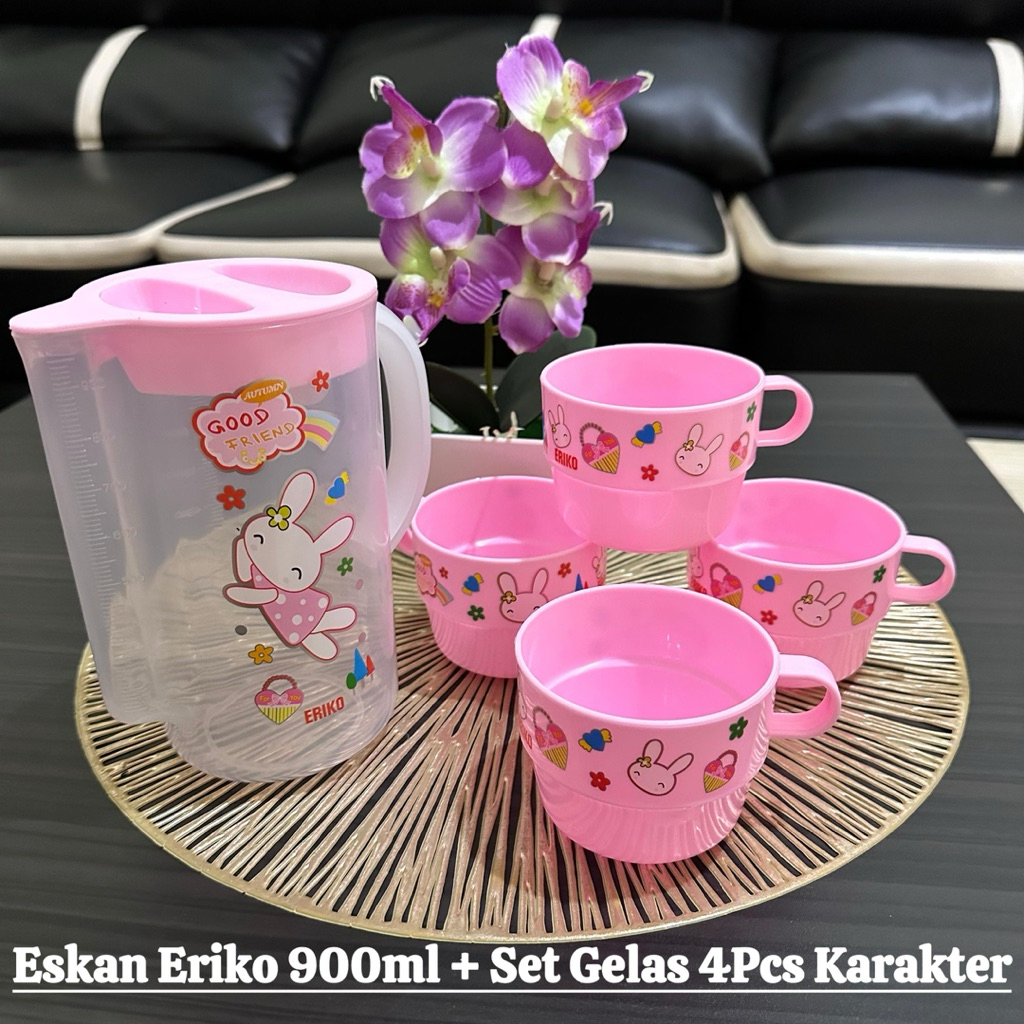 Teko Ceret Eskan Air Minum ERIKO Plastik PP Transparan + Cangkir 4bh - Eskan Beranak 5in1 - Eskan Se